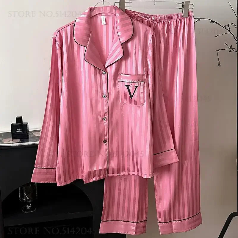 New Female Pajamas 2PCS Set Lounge Wear Spring Long Sleeve Trouser Pijamas Suit Hot Pink Stripe Sleepwear Pyjama Loose Homewear