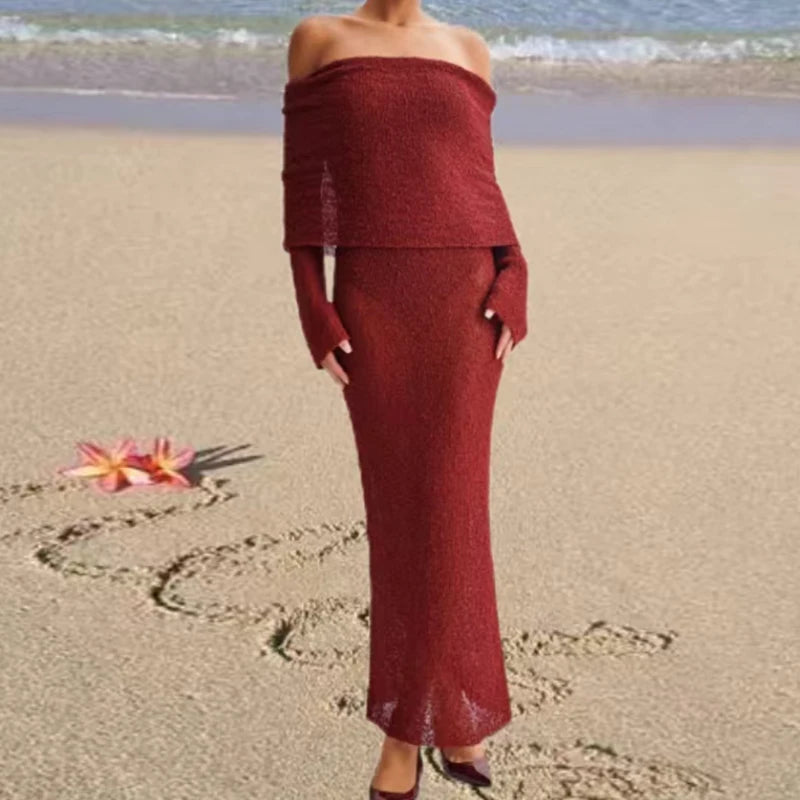 New Style Knitted One-Shoulder See-Through Beachwear Cover Up Women's Beach Vacation Sunscreen Dress Elegant Long Dress