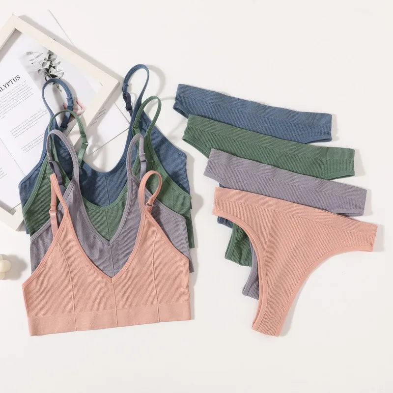 Women Seamless Bra Set Push Up Bras V-neck Tops High Rise Briefs Seamless Underwear Wire Free Brassiere Sexy Lingerie Set