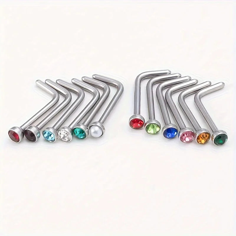 12pcs Stainless Steel L-shaped Rhinestones Nose Ring, Body Piercing Jewelry Nose Nail