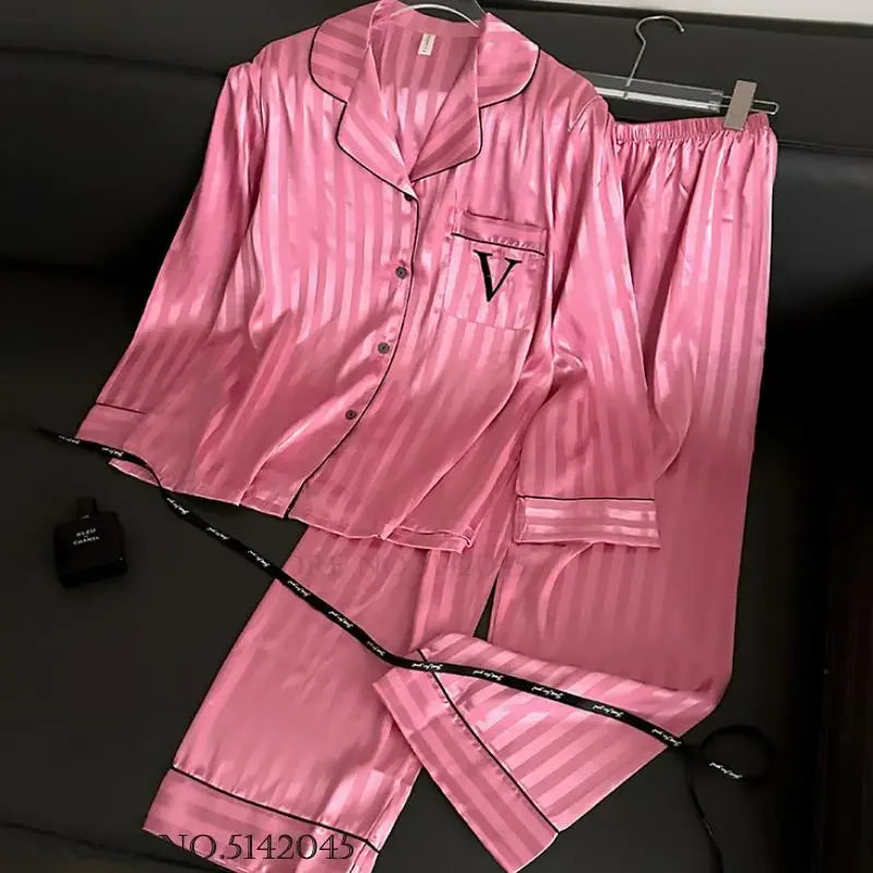 New Female Pajamas 2PCS Set Lounge Wear Spring Long Sleeve Trouser Pijamas Suit Hot Pink Stripe Sleepwear Pyjama Loose Homewear