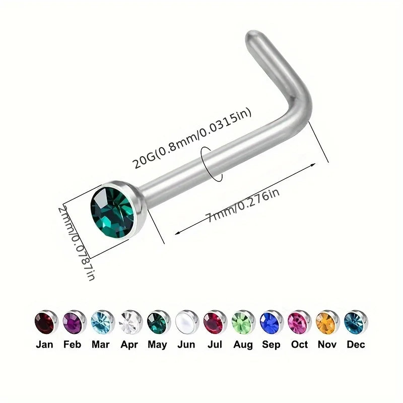 12pcs Stainless Steel L-shaped Rhinestones Nose Ring, Body Piercing Jewelry Nose Nail