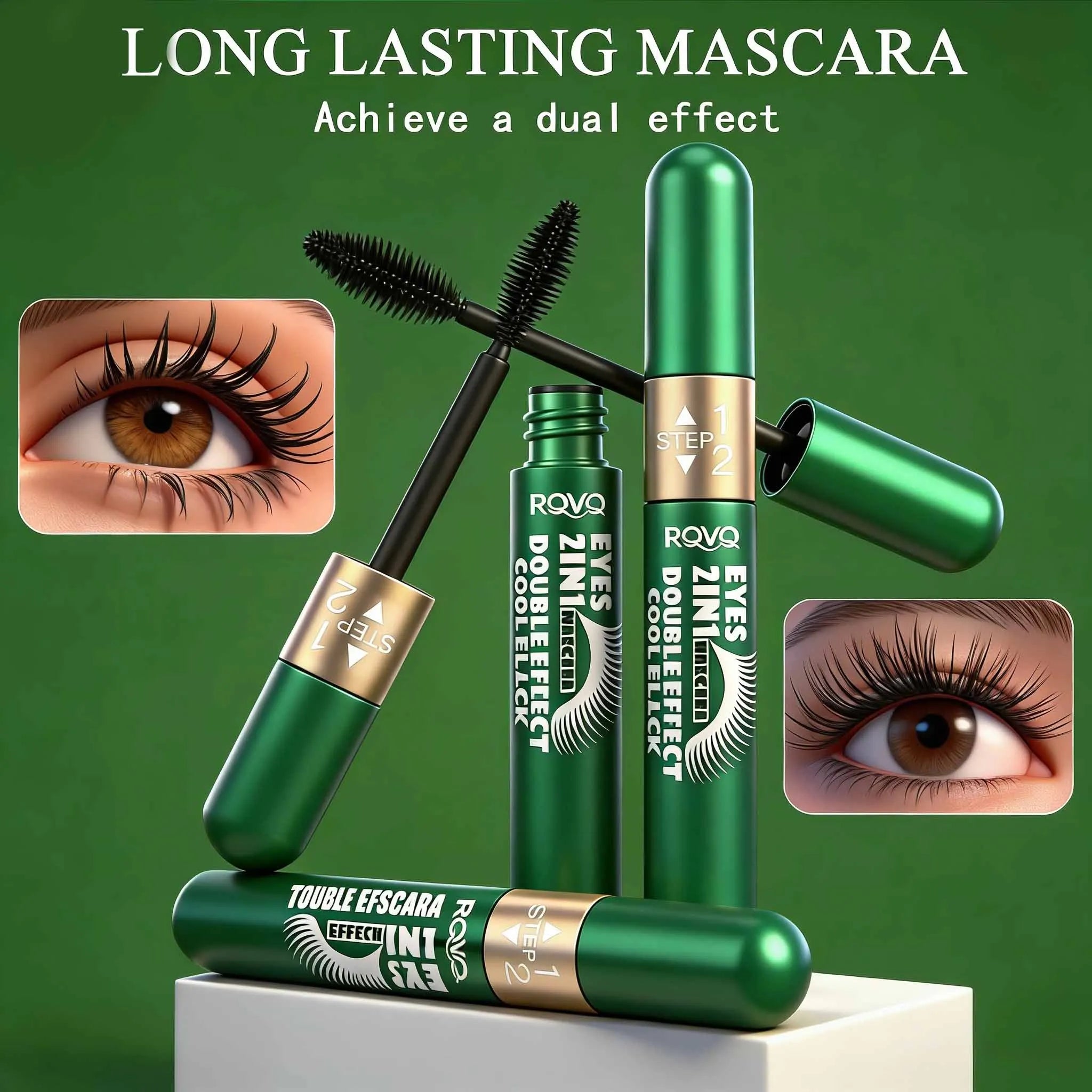 2-in-1 waterproof mascara, anti-smudging, non-greasy, long-lasting, curling mascara