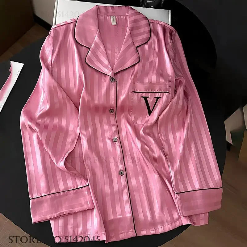 New Female Pajamas 2PCS Set Lounge Wear Spring Long Sleeve Trouser Pijamas Suit Hot Pink Stripe Sleepwear Pyjama Loose Homewear