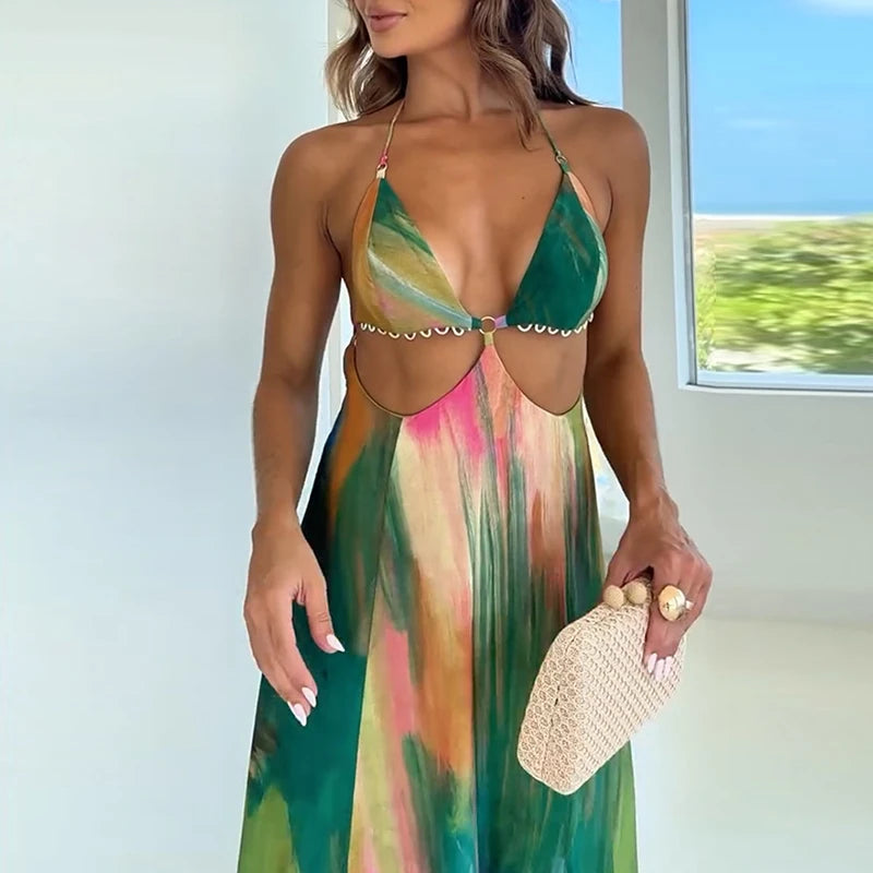 Woman 2025 Fashion Colorful Print Long Dresses Spring Sexy Halter High-waisted Party Dress Summer Backless Tie-up Bohemian Dress