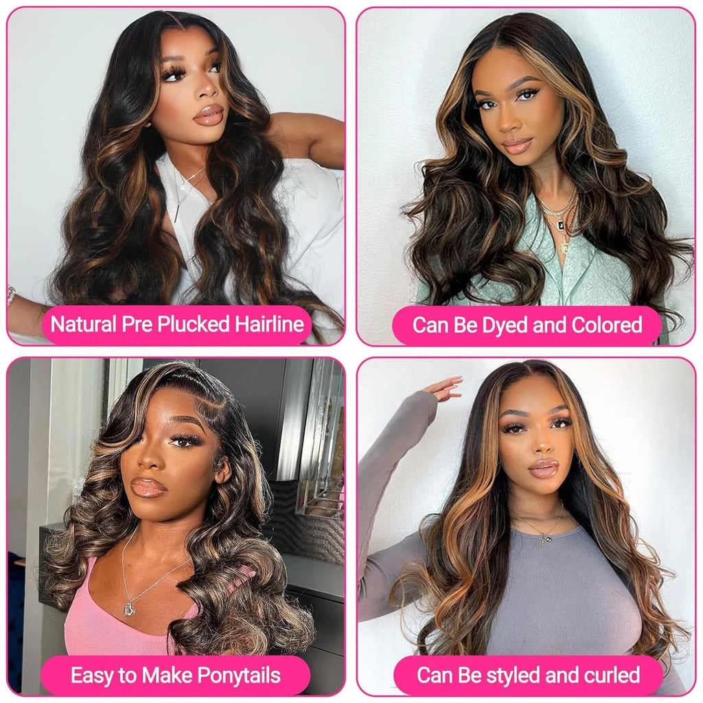 1B/30 Body Wave Ombre Lace Front Wig Human Hair 13x4 Transparent Highlight Lace Front Wig Human Hair Colored Brown Wig for Women