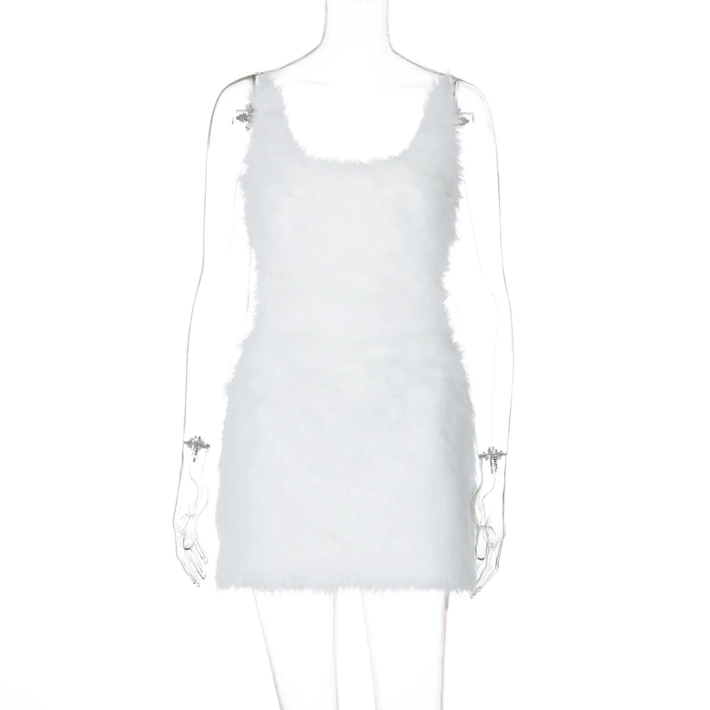 Hugcitar 2025 White Furry Slips Backless Zip Up Sexy Slim Mini Dress Fall Winter Women Fashion Clothes Birthday Party Festival
