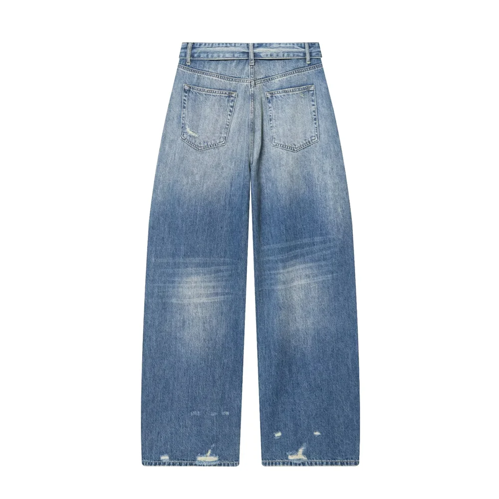 2026 new women's clothing French casual design with perforated details, mid waist folding waist jeans