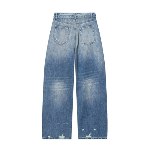 2026 new women's clothing French casual design with perforated details, mid waist folding waist jeans