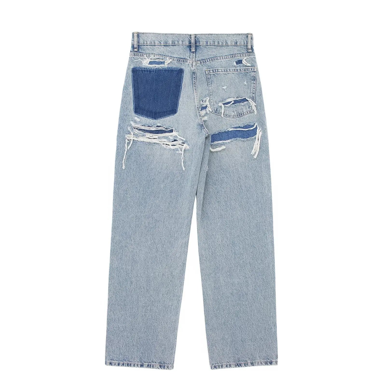 Jeans For Women 2024 Denim Solid Loose Zipper Fly Female Hole Trouser Pockets Wild Basic Commute Woman Wide Leg Long Pant