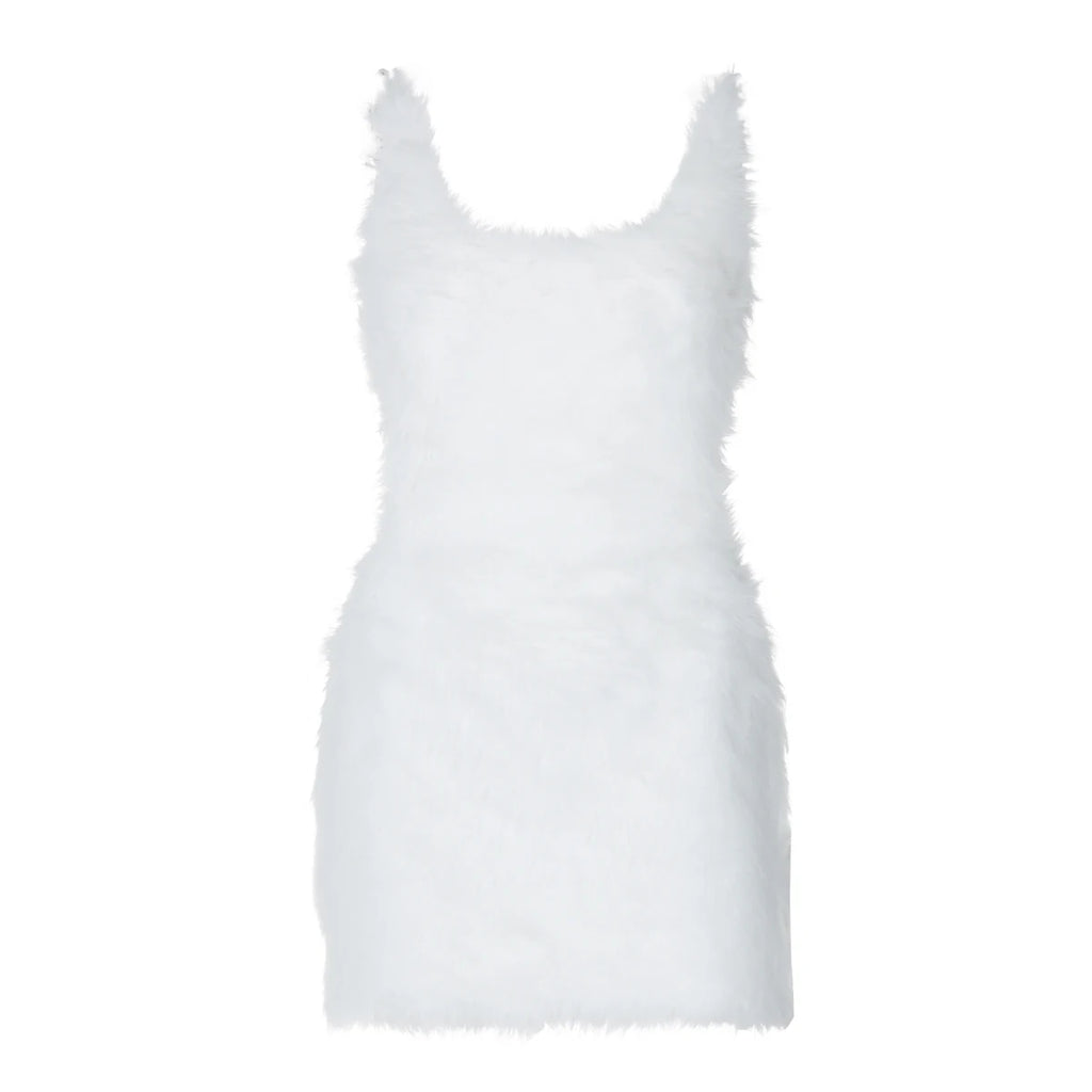 Hugcitar 2025 White Furry Slips Backless Zip Up Sexy Slim Mini Dress Fall Winter Women Fashion Clothes Birthday Party Festival