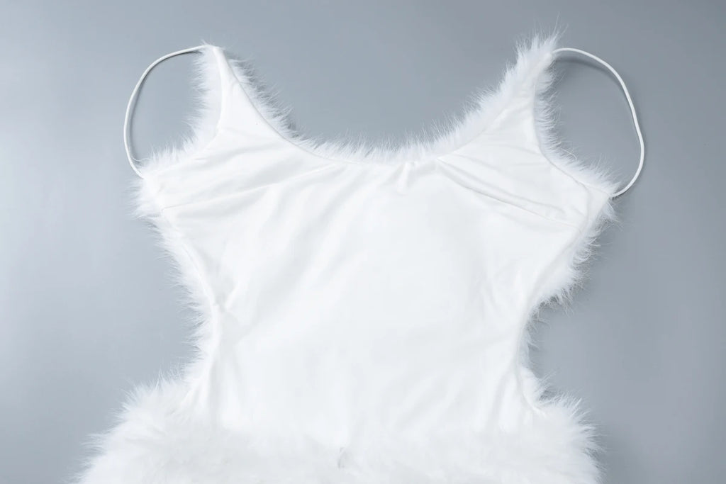 Hugcitar 2025 White Furry Slips Backless Zip Up Sexy Slim Mini Dress Fall Winter Women Fashion Clothes Birthday Party Festival