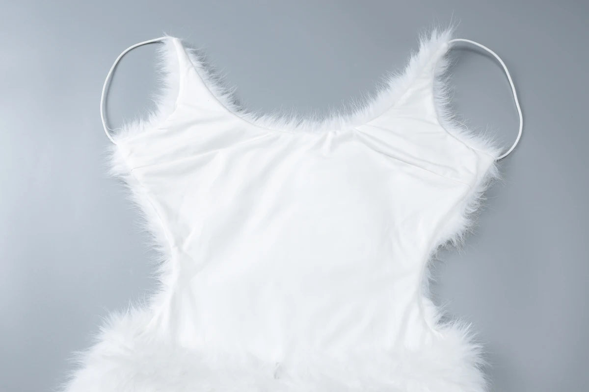 Hugcitar 2025 White Furry Slips Backless Zip Up Sexy Slim Mini Dress Fall Winter Women Fashion Clothes Birthday Party Festival