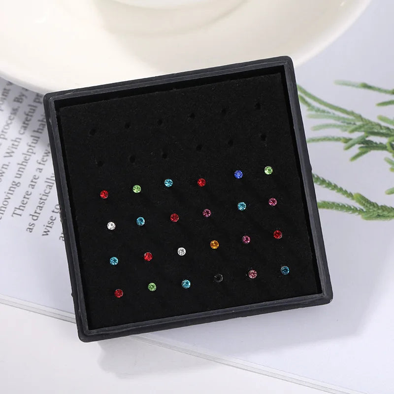 24pcs/box Crystal Nose Ring Studs Fashion Body Women Girl Jewelry Stainless Steel Surgical Steel Nose Piercing Jewelry Set