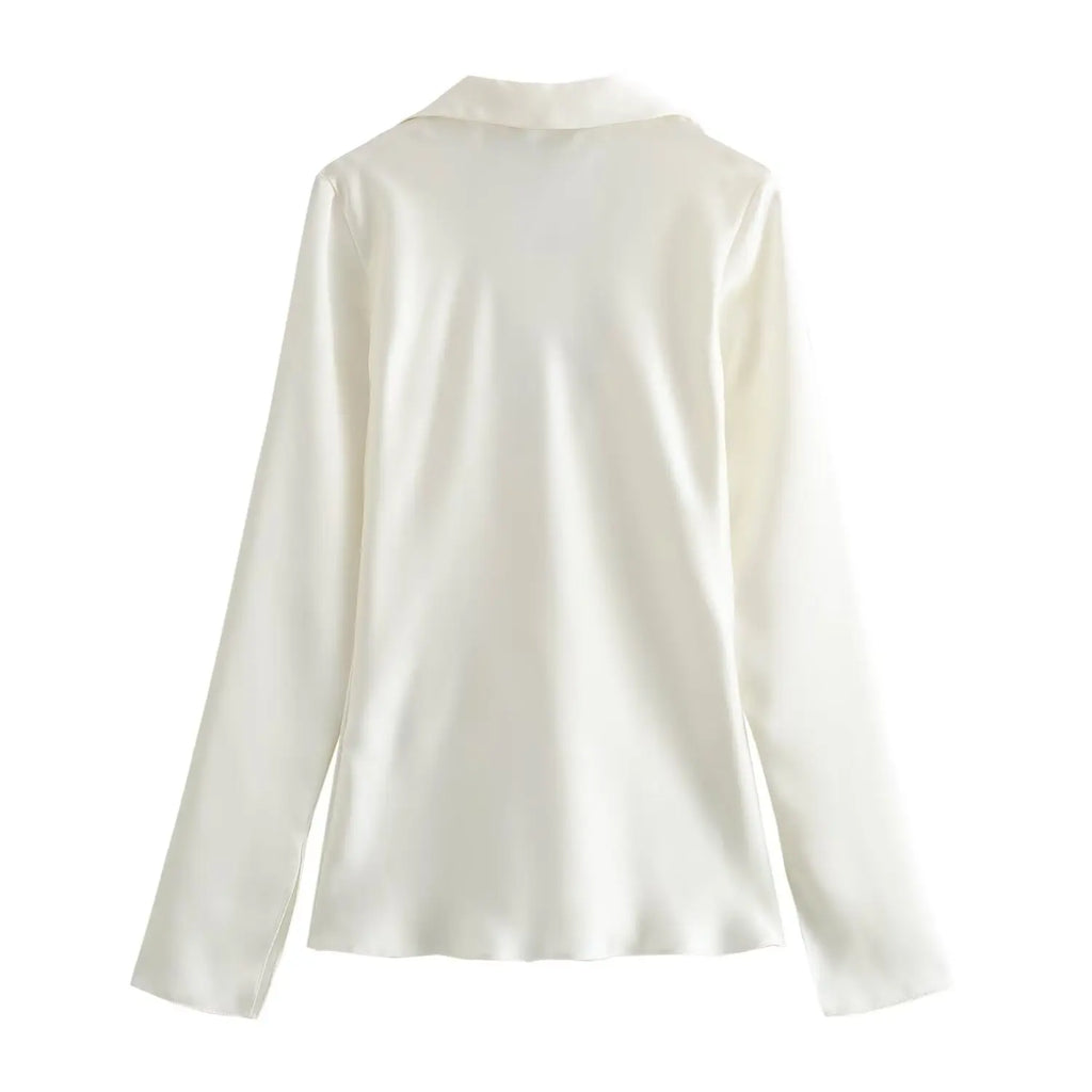 KONDALA Sexy Black Satin Bow Tie Shirts Women Long Sleeve V Neck Slim Blouses Fashion 2025 Autumn Elegant Silky Tops