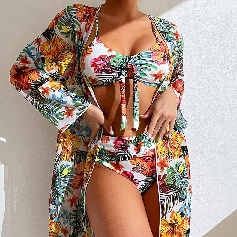 Split Three Piece Floral Printed Swimsuit Women Bikini Set Wireless Bra with Pad Sport Top Long sleeve Blouse Swimwear Plus Size