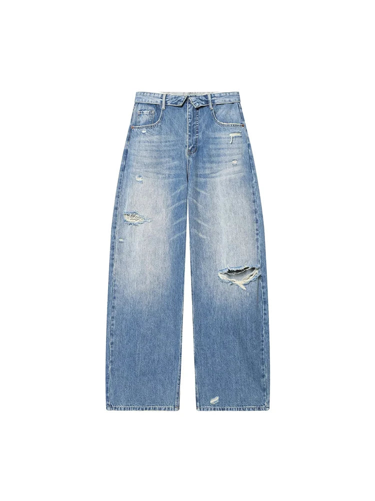 2026 new women's clothing French casual design with perforated details, mid waist folding waist jeans