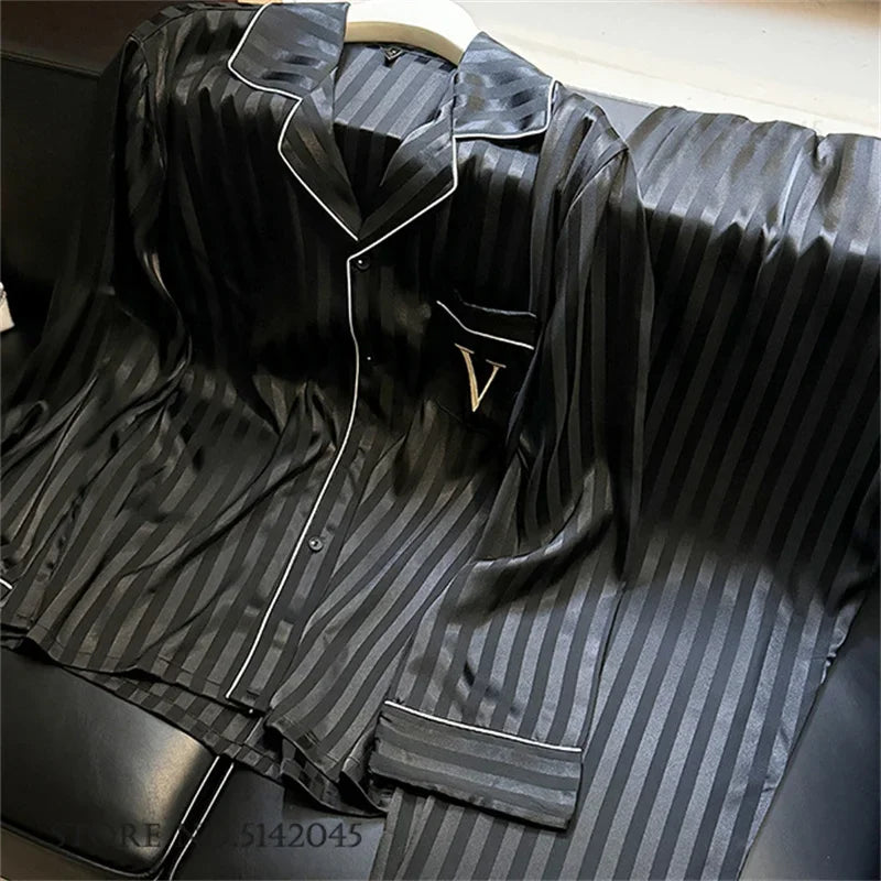 New Female Pajamas 2PCS Set Lounge Wear Spring Long Sleeve Trouser Pijamas Suit Hot Pink Stripe Sleepwear Pyjama Loose Homewear