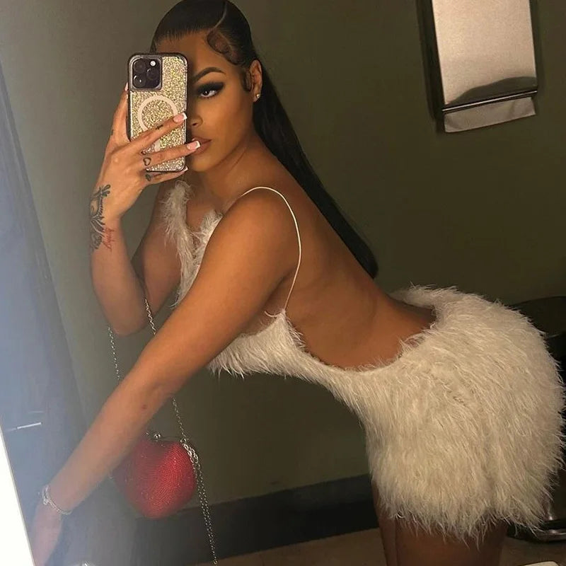 Hugcitar 2025 White Furry Slips Backless Zip Up Sexy Slim Mini Dress Fall Winter Women Fashion Clothes Birthday Party Festival