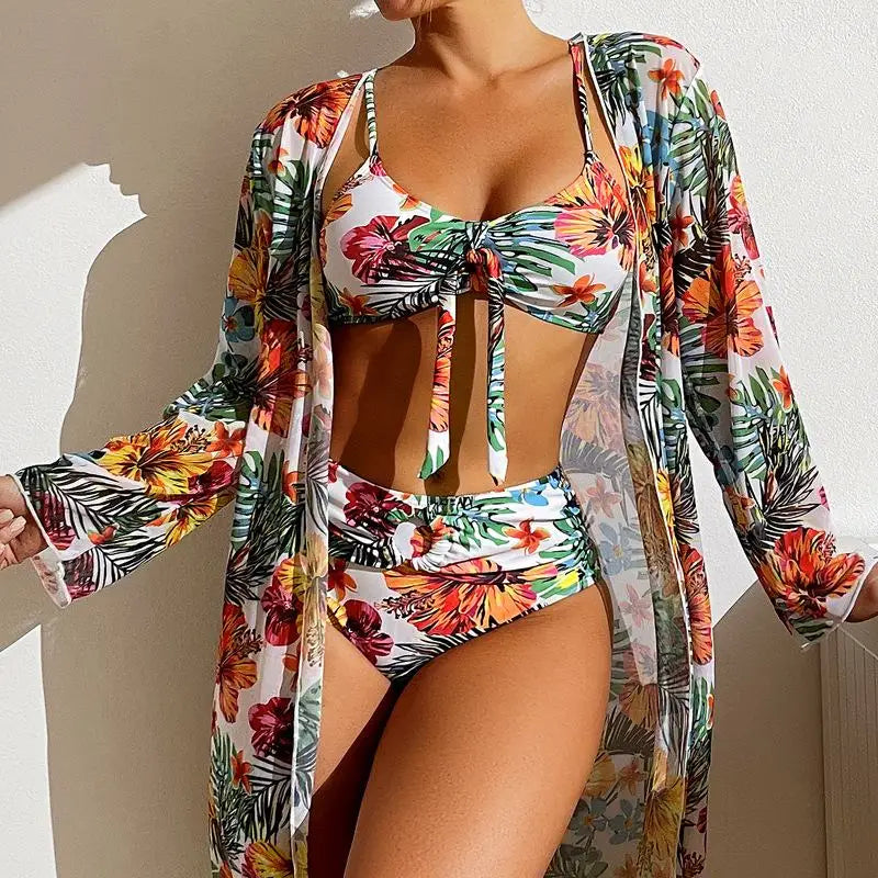 Split Three Piece Floral Printed Swimsuit Women Bikini Set Wireless Bra with Pad Sport Top Long sleeve Blouse Swimwear Plus Size