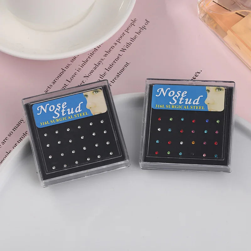 24pcs/box Crystal Nose Ring Studs Fashion Body Women Girl Jewelry Stainless Steel Surgical Steel Nose Piercing Jewelry Set