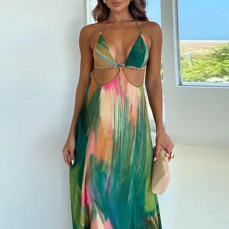 Woman 2025 Fashion Colorful Print Long Dresses Spring Sexy Halter High-waisted Party Dress Summer Backless Tie-up Bohemian Dress