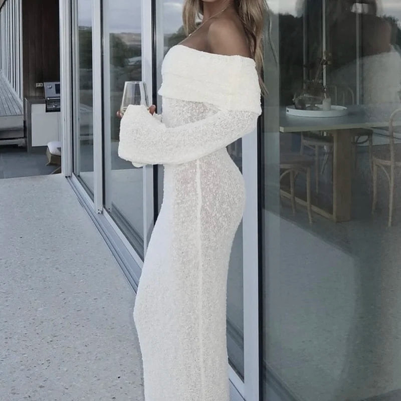 New Style Knitted One-Shoulder See-Through Beachwear Cover Up Women's Beach Vacation Sunscreen Dress Elegant Long Dress