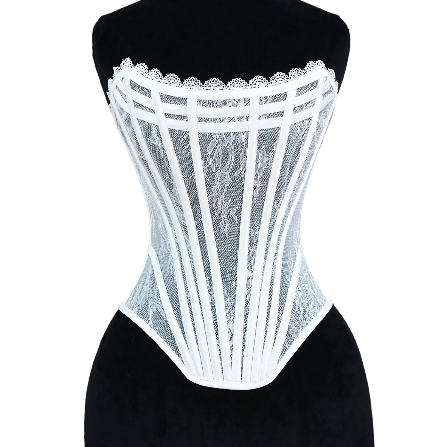 Women Luxury Transparent Mesh Corset Bustier Overbust Lace Up Boned Bodice Sexy Straoless Tube Tops For Wedding Party Costume