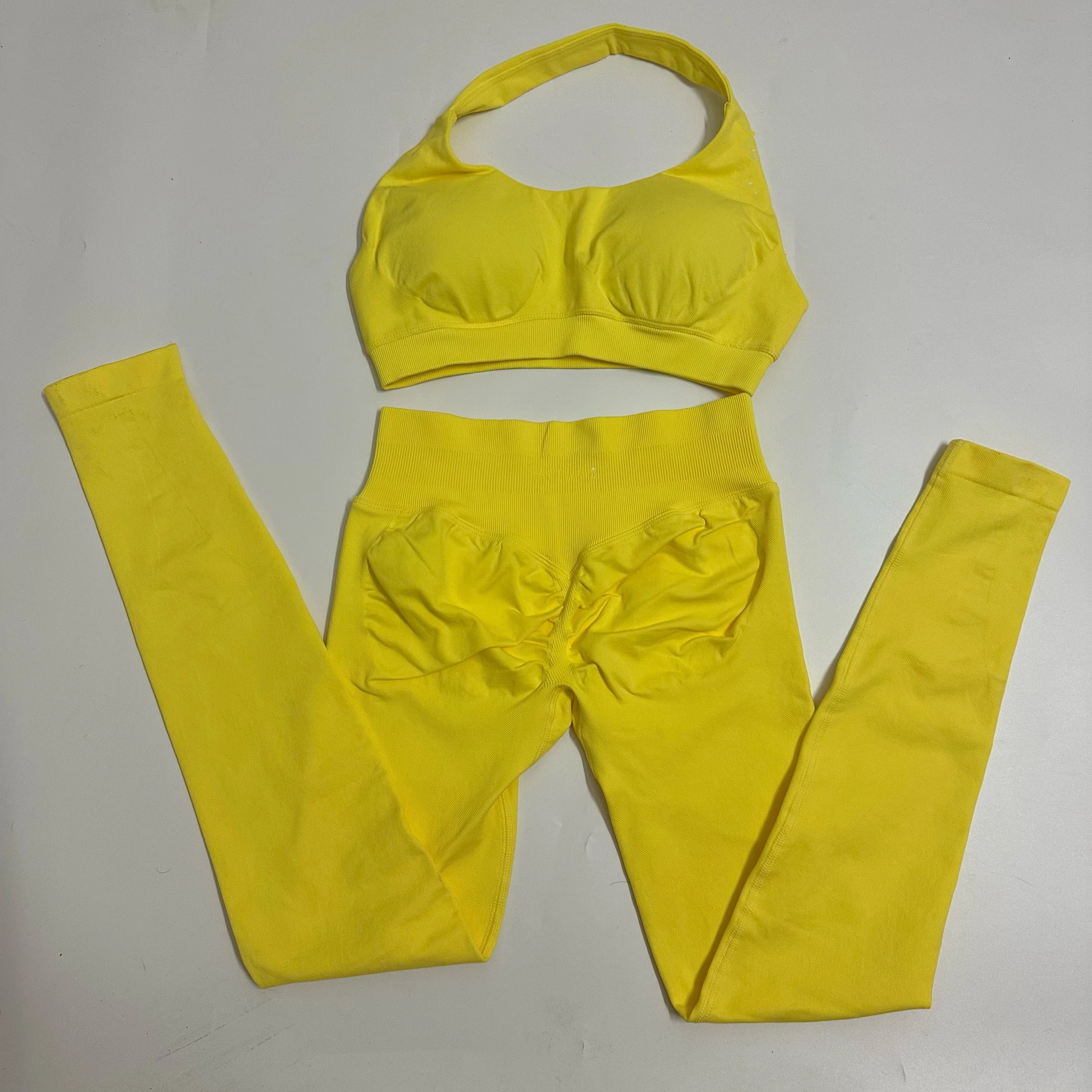 Yoga Leggings Set Women Seamless Yoga Set High Waist Scrunch Butt Legging With Halter Sports Bra Workout Gym Suit