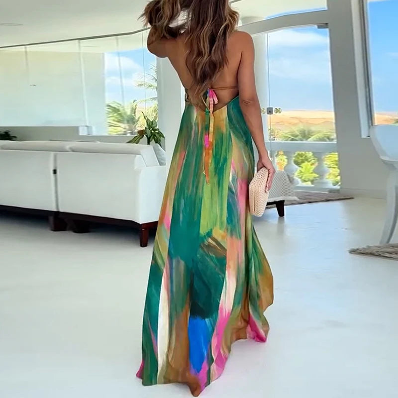 Woman 2025 Fashion Colorful Print Long Dresses Spring Sexy Halter High-waisted Party Dress Summer Backless Tie-up Bohemian Dress