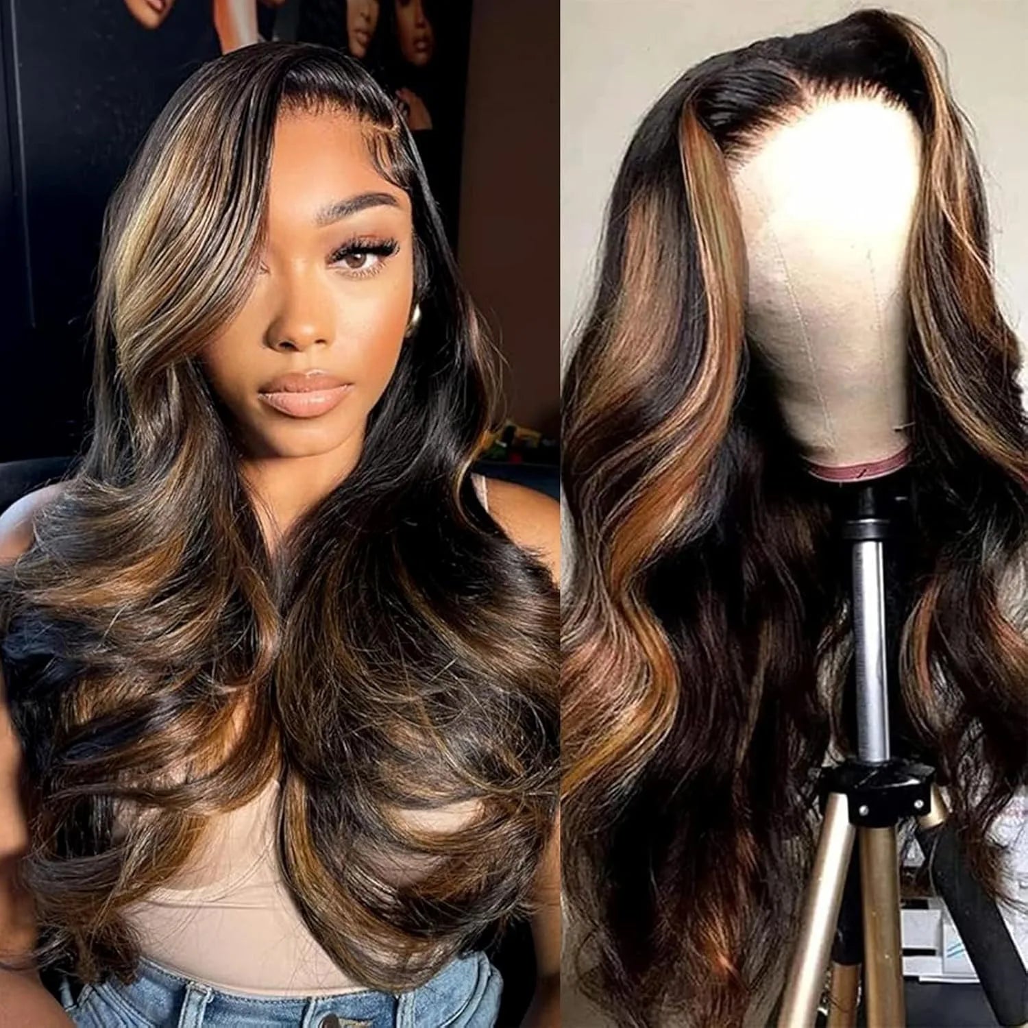 1B/30 Body Wave Ombre Lace Front Wig Human Hair 13x4 Transparent Highlight Lace Front Wig Human Hair Colored Brown Wig for Women