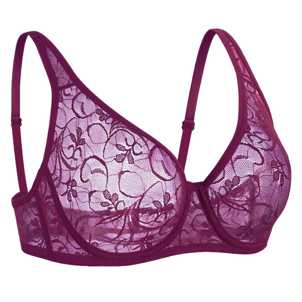 Bras For Women Plus Size Lace Mesh BH Tops Underwire Embroidery See Through Sexy Underwear Lingerie Brassiere A B C D DD Cup