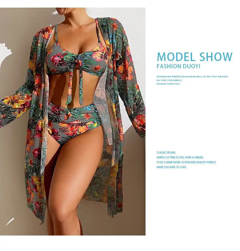 Split Three Piece Floral Printed Swimsuit Women Bikini Set Wireless Bra with Pad Sport Top Long sleeve Blouse Swimwear Plus Size