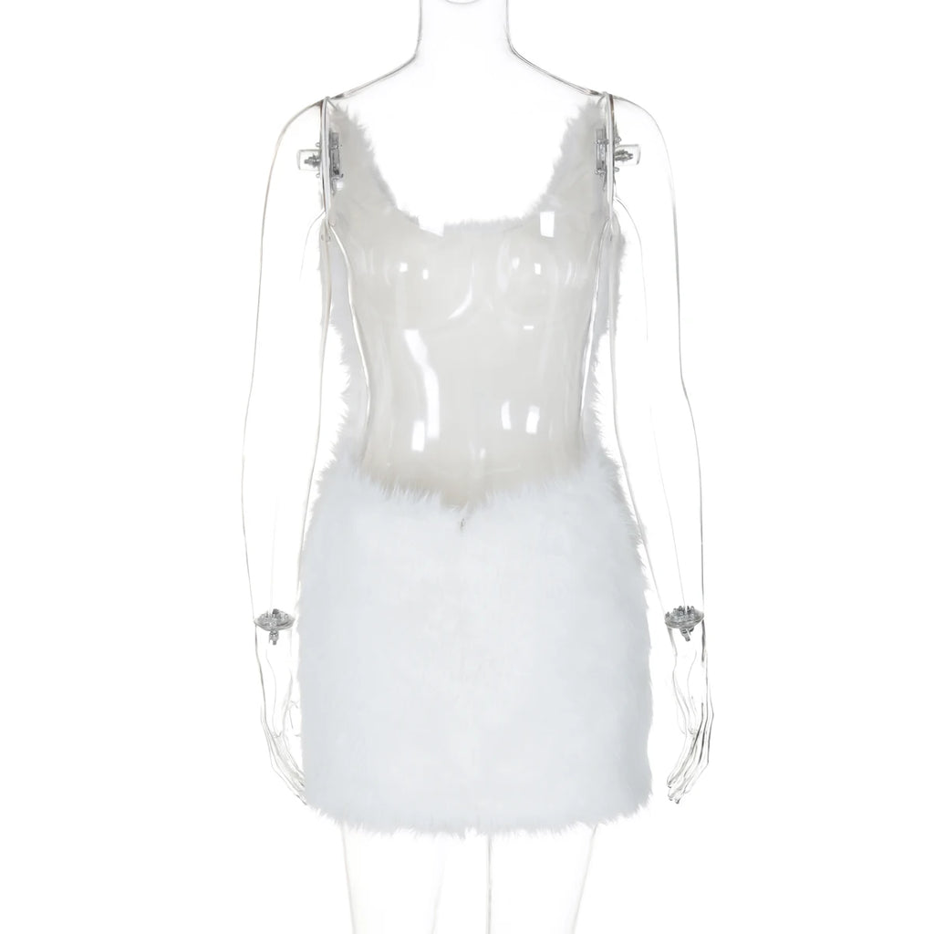 Hugcitar 2025 White Furry Slips Backless Zip Up Sexy Slim Mini Dress Fall Winter Women Fashion Clothes Birthday Party Festival