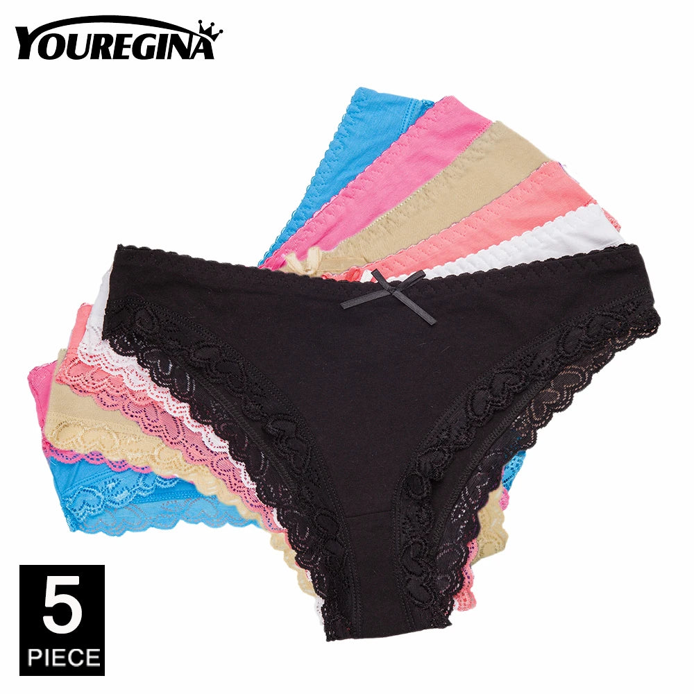 Women's Panties Sexy Lace Cotton Briefs Solid Color Low Rise Knickers Plus Size Girls Underwear Ladies Lingerie M L XL 5 Pcs/set