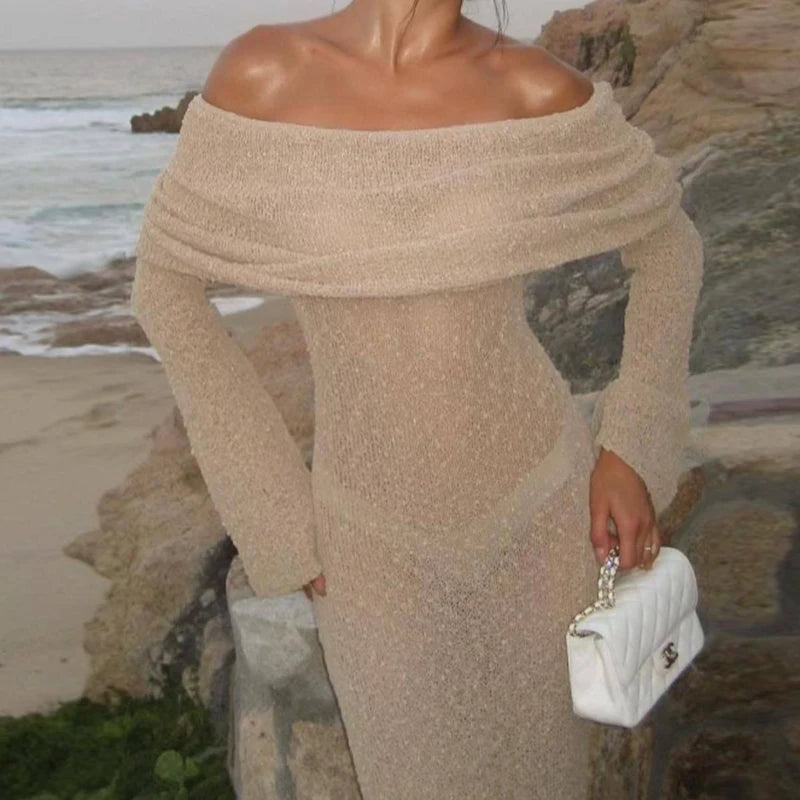 New Style Knitted One-Shoulder See-Through Beachwear Cover Up Women's Beach Vacation Sunscreen Dress Elegant Long Dress
