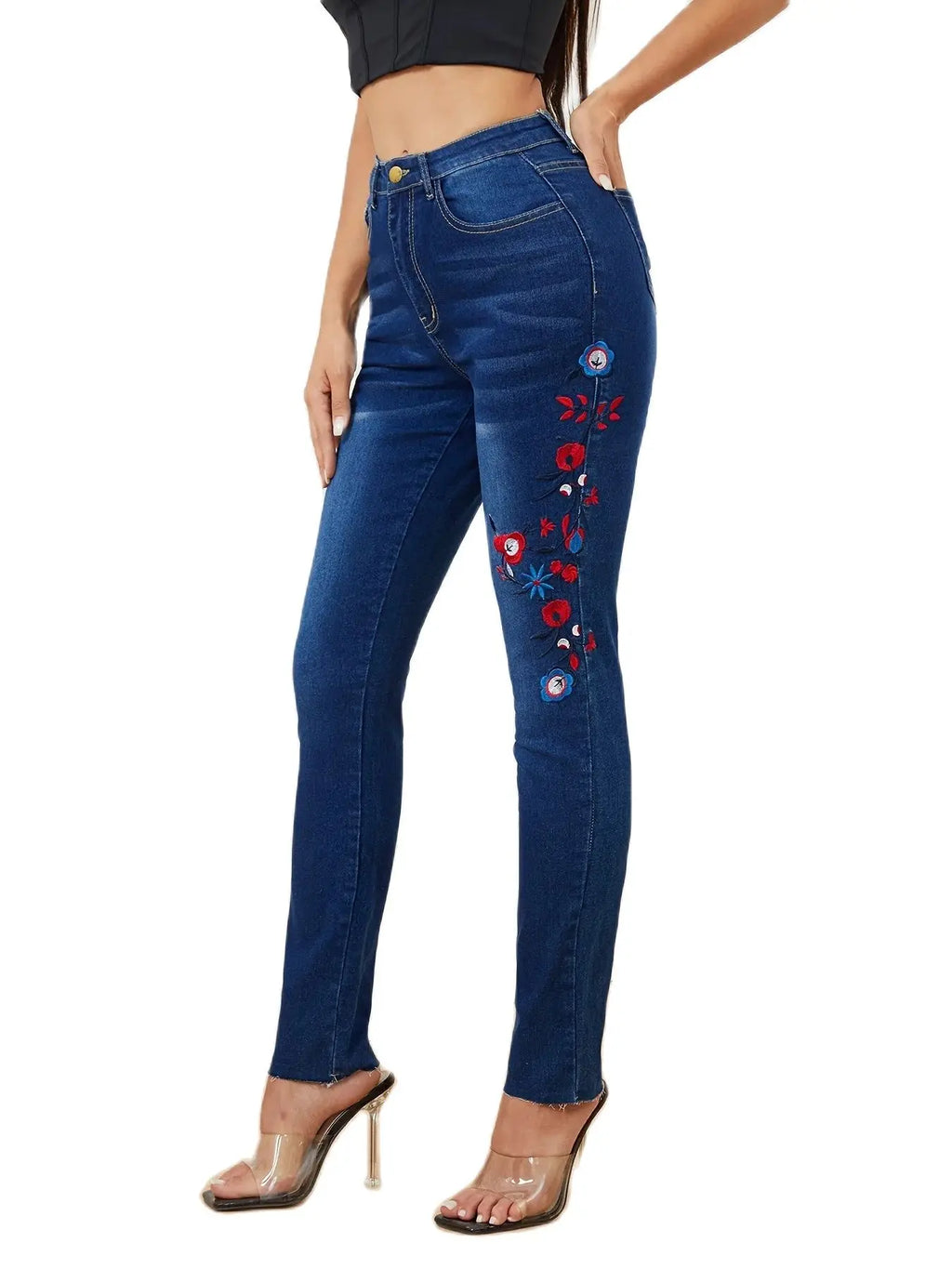 2023 Winter New Fashion Design Women's Embroidered Jeans High Elastic Slim Denim Pencil Pants Casual Ladies Trousers S-XL