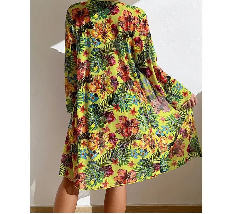 Split Three Piece Floral Printed Swimsuit Women Bikini Set Wireless Bra with Pad Sport Top Long sleeve Blouse Swimwear Plus Size
