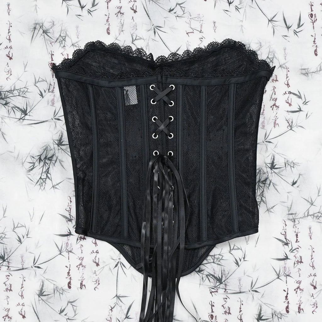 Women Luxury Transparent Mesh Corset Bustier Overbust Lace Up Boned Bodice Sexy Straoless Tube Tops For Wedding Party Costume