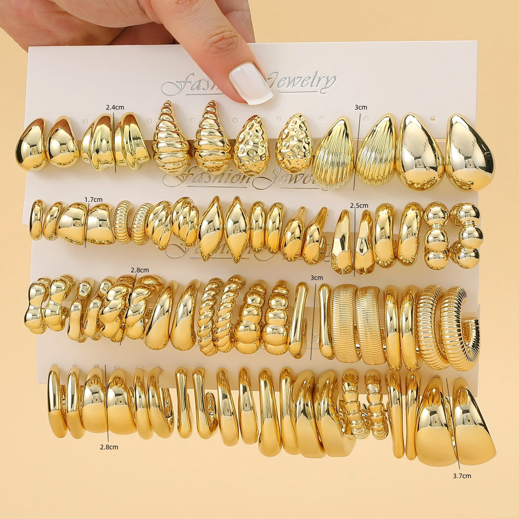 6 PAIRS-36 PAIRS Trendy Golden C-shaped, Water-droplet, Threaded Earring Set, With Innovative Design,Women's Daily Needs