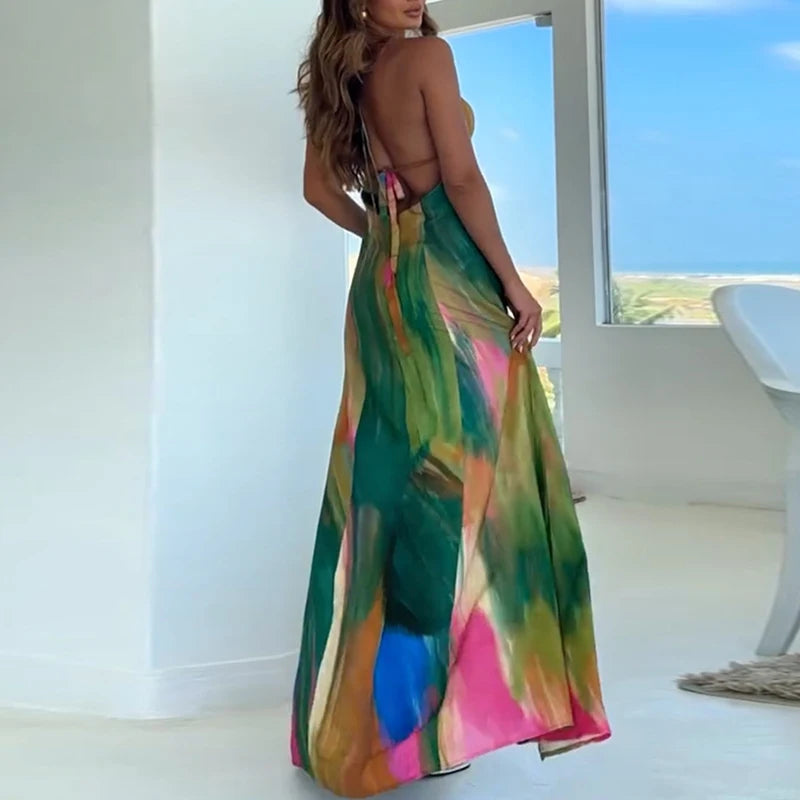 Woman 2025 Fashion Colorful Print Long Dresses Spring Sexy Halter High-waisted Party Dress Summer Backless Tie-up Bohemian Dress