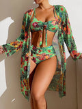 Split Three Piece Floral Printed Swimsuit Women Bikini Set Wireless Bra with Pad Sport Top Long sleeve Blouse Swimwear Plus Size