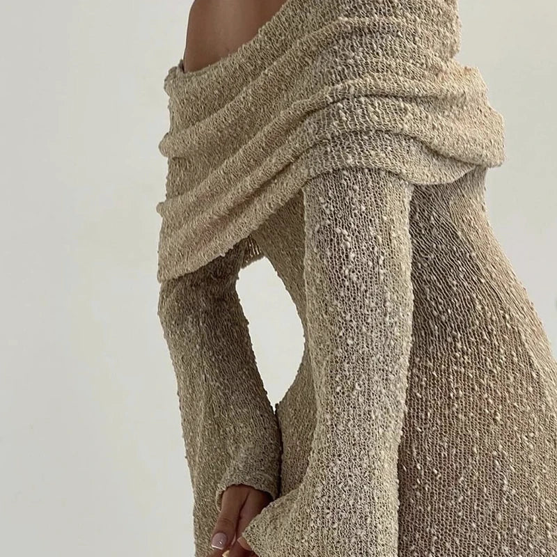 New Style Knitted One-Shoulder See-Through Beachwear Cover Up Women's Beach Vacation Sunscreen Dress Elegant Long Dress