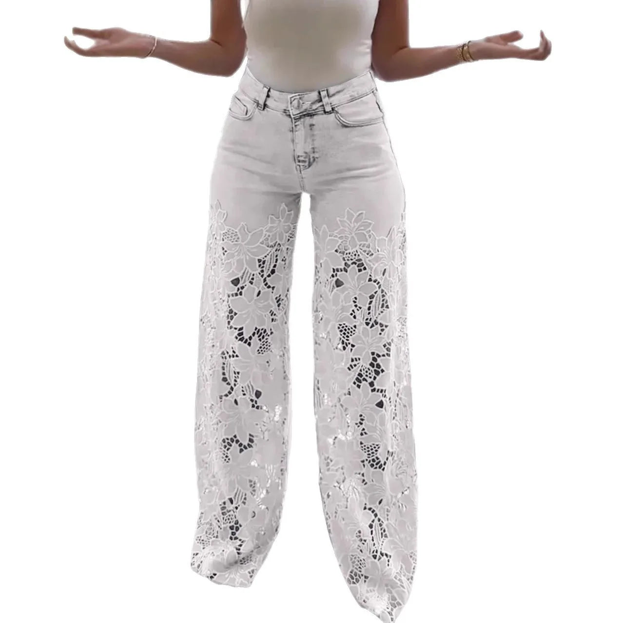 Fashion Elegant Jeans for Women High Waist Lace Patchwork Pantalones Hollow Out Oversized Spring Casual Loose All Match Pants
