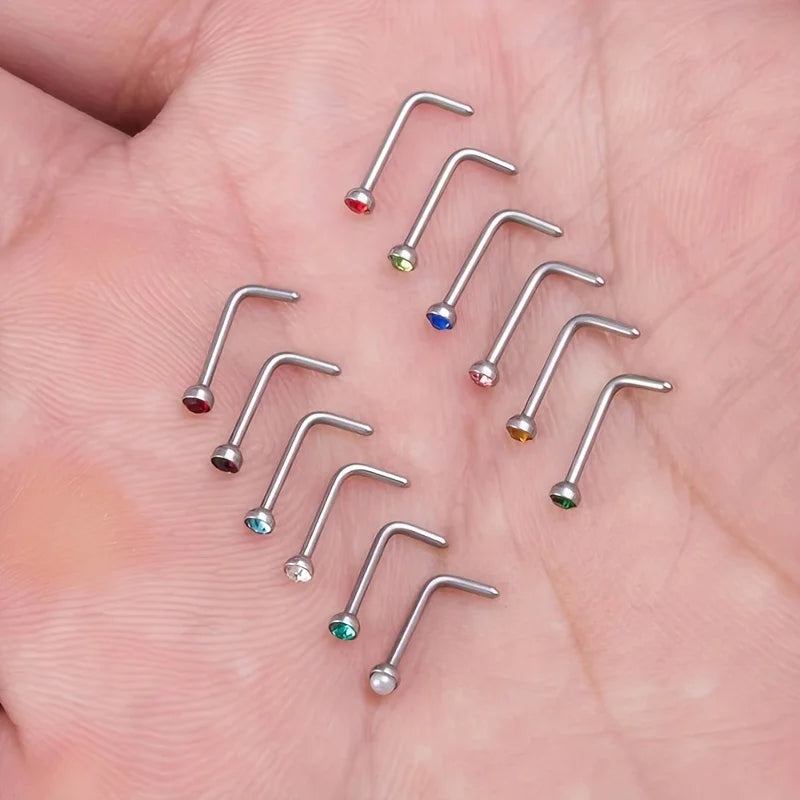 12pcs Stainless Steel L-shaped Rhinestones Nose Ring, Body Piercing Jewelry Nose Nail