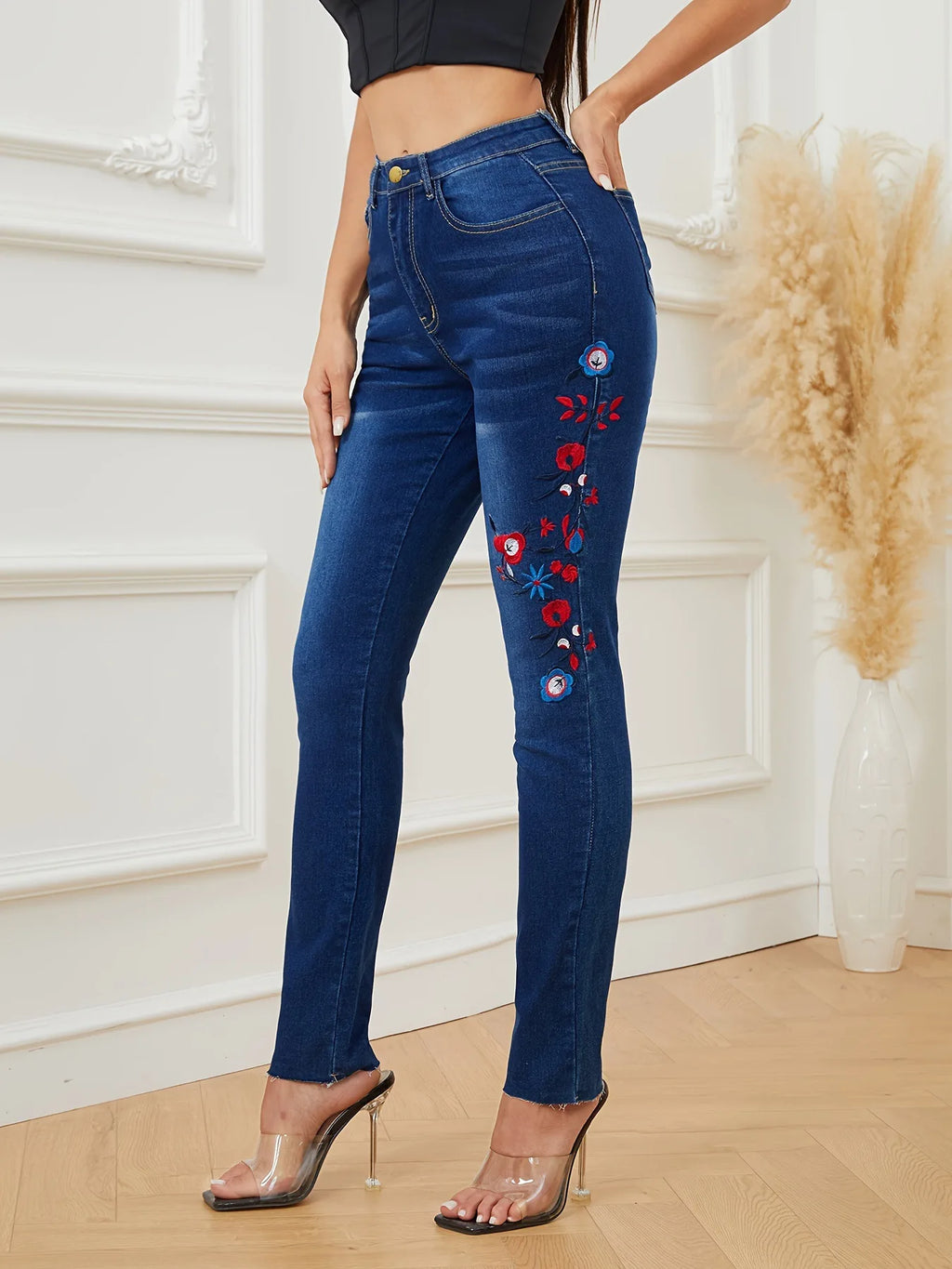2023 Winter New Fashion Design Women's Embroidered Jeans High Elastic Slim Denim Pencil Pants Casual Ladies Trousers S-XL