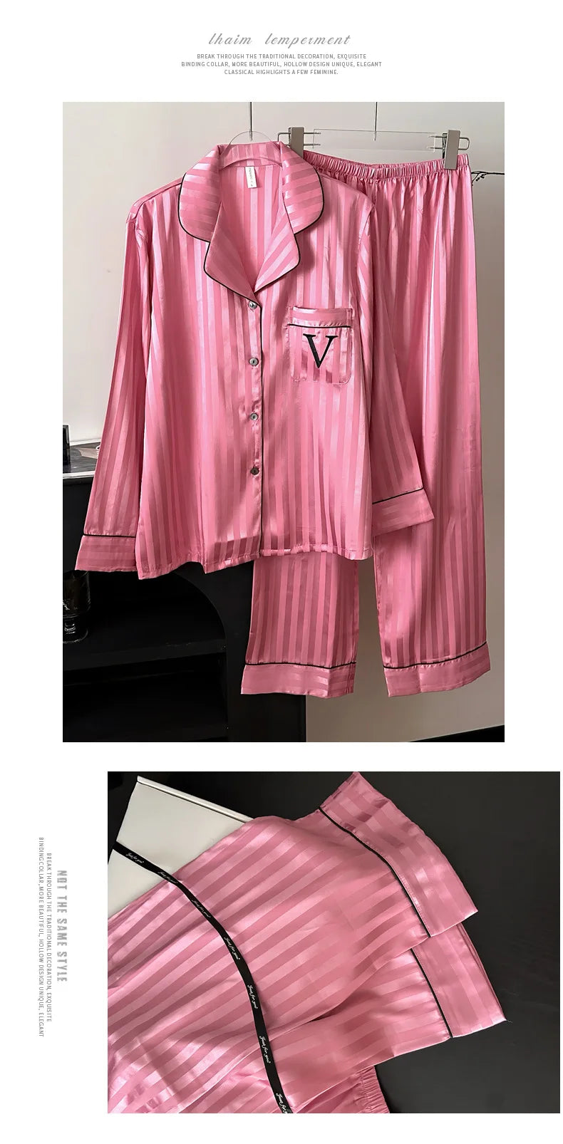 New Female Pajamas 2PCS Set Lounge Wear Spring Long Sleeve Trouser Pijamas Suit Hot Pink Stripe Sleepwear Pyjama Loose Homewear