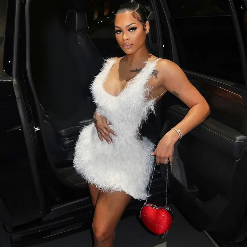 Hugcitar 2025 White Furry Slips Backless Zip Up Sexy Slim Mini Dress Fall Winter Women Fashion Clothes Birthday Party Festival