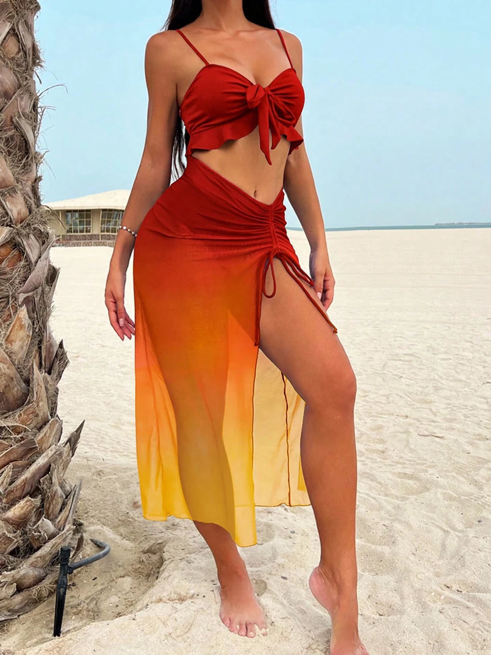 3 Pieces Tie Dye Knot Front Bikinis 2026 Women Ruffle Swimwear Female High Waist Swimsuit & Drawstring Beach Skirt Bathing Suit