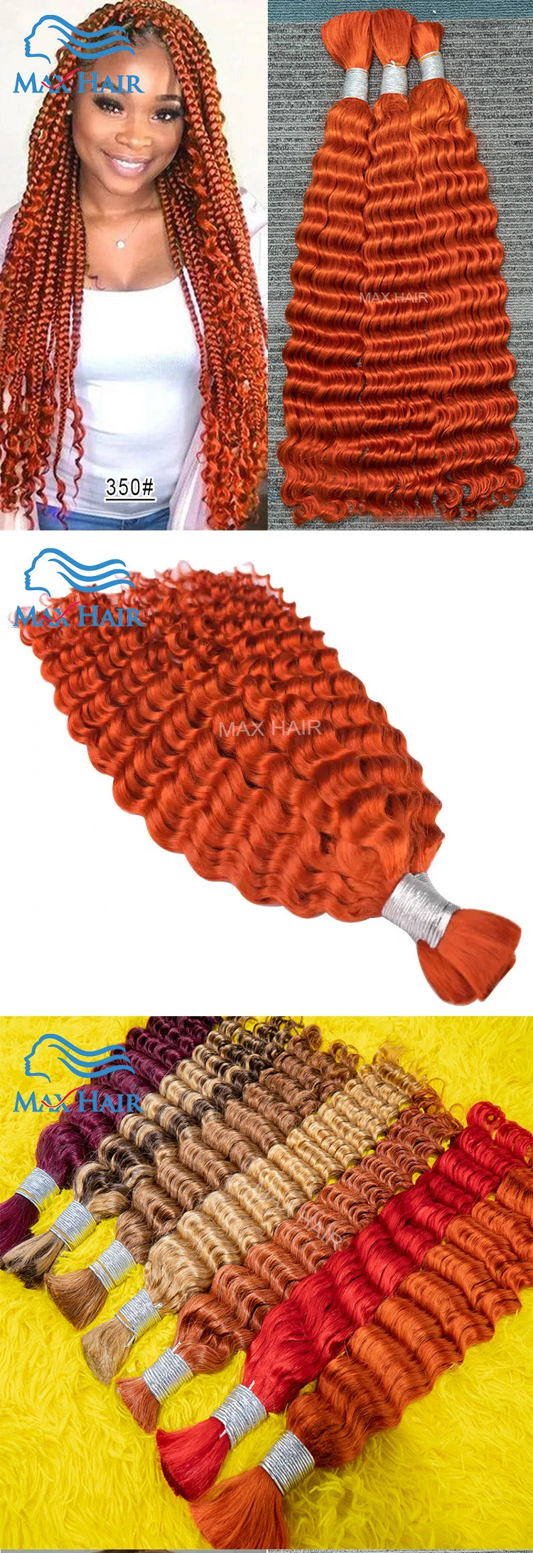 #350 Ginger Orange Human Hair Bulk Curly Hair Bundles For Boho Braids Braiding Hair Extension No Weft cabelo humano indiano